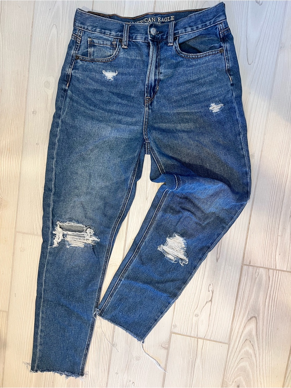 American Eagle Outfitters Dark Blue High-Rise Distressed Mom Jeans